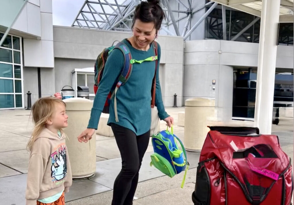 Mother and child leave for the airport after visiting long-distance grandparents.